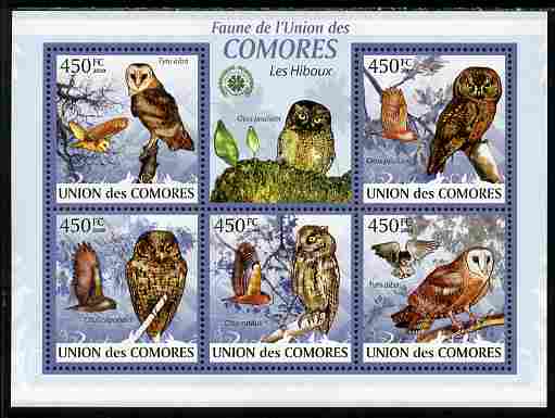 Comoro Islands 2009 Owls perf sheetlet containing 5 values unmounted mint Yv 1666-70, stamps on birds, stamps on birds of prey, stamps on owls