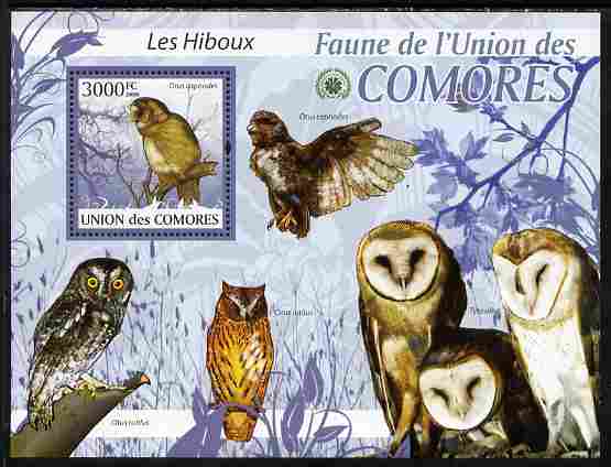 Comoro Islands 2009 Owls perf s/sheet unmounted mint Yv 200, stamps on birds, stamps on birds of prey, stamps on owls