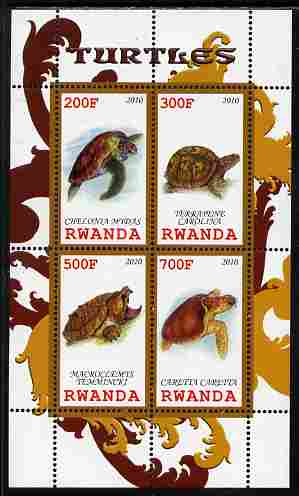 Rwanda 2010 Turtles perf sheetlet containing 4 values unmounted mint, stamps on reptiles, stamps on turtles