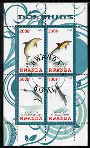 Rwanda 2010 Dolphins perf sheetlet containing 4 values fine cto used, stamps on whales, stamps on dolphins, stamps on marine life