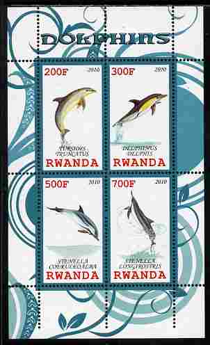 Rwanda 2010 Dolphins perf sheetlet containing 4 values unmounted mint, stamps on whales, stamps on dolphins, stamps on marine life