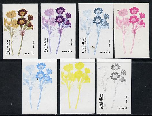 Eynhallow 1974 Flowers #01 - 1p (Primula) set of 7 imperf progressive colour proofs comprising the 4 individual colours plus 2, 3 and all 4-colour composites unmounted mi..., stamps on flowers