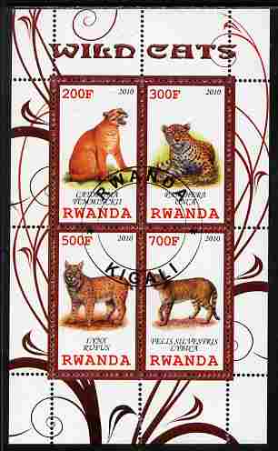 Rwanda 2010 Wild Cats perf sheetlet containing 4 values fine cto used, stamps on cats