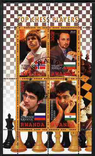 Rwanda 2010 Top Chess Players #1 perf sheetlet containing 4 values fine cto used, stamps on chess