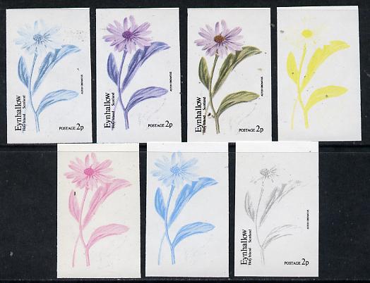 Eynhallow 1974 Flowers #01 - 2p (Aster) set of 7 imperf progressive colour proofs comprising the 4 individual colours plus 2, 3 and all 4-colour composites unmounted mint, stamps on flowers