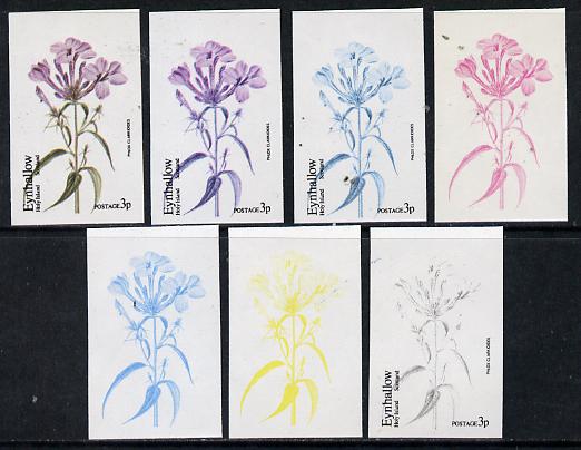 Eynhallow 1974 Flowers #01 - 3p (Phlox Clarkioides) set of 7 imperf progressive colour proofs comprising the 4 individual colours plus 2, 3 and all 4-colour composites unmounted mint, stamps on , stamps on  stamps on flowers