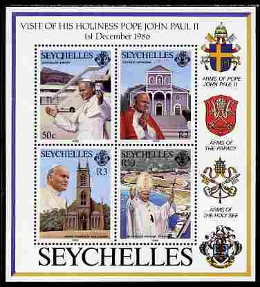 Seychelles 1986 Visit of Pope John Paul perf m/sheet unmounted mint, SG MS 658, stamps on personalities, stamps on religion, stamps on churches, stamps on pope