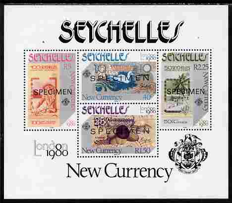 Seychelles 1980 London 1980 Stamp Exhibition - Currency Notes perf m/sheet overprinted SPECIMEN unmounted mint, SG MS 472s, stamps on coins, stamps on currency, stamps on money, stamps on stamp exhibitions