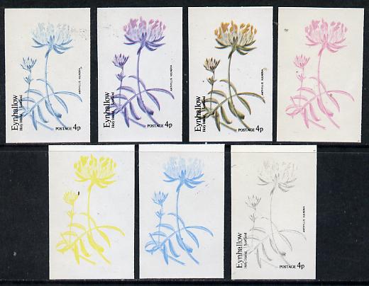 Eynhallow 1974 Flowers #01 - 4p (Anthyllis Vulneria) set of 7 imperf progressive colour proofs comprising the 4 individual colours plus 2, 3 and all 4-colour composites unmounted mint, stamps on flowers