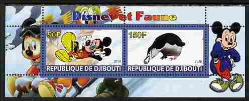 Djibouti 2010 Disney & Fauna #2 perf sheetlet containing 2 values unmounted mint, stamps on disney, stamps on cartoons, stamps on movies, stamps on cinema, stamps on birds, stamps on penguins