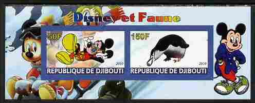 Djibouti 2010 Disney & Fauna #2 imperf sheetlet containing 2 values unmounted mint, stamps on disney, stamps on cartoons, stamps on movies, stamps on cinema, stamps on birds, stamps on penguins