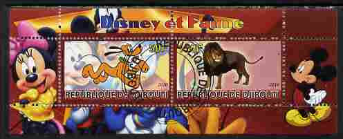 Djibouti 2010 Disney & Fauna #3 perf sheetlet containing 2 values fine cto used, stamps on , stamps on  stamps on disney, stamps on  stamps on cartoons, stamps on  stamps on movies, stamps on  stamps on cinema, stamps on  stamps on animals, stamps on  stamps on lions, stamps on  stamps on cats
