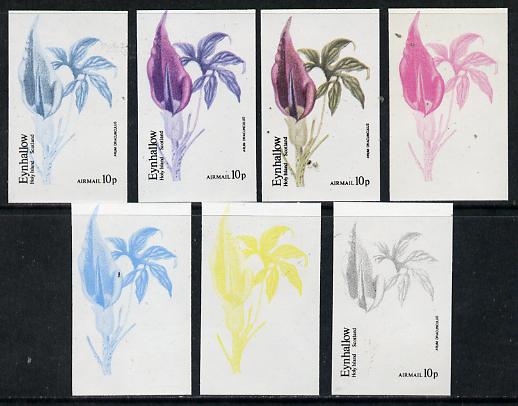 Eynhallow 1974 Flowers #01 - 10p (Arum Dracunculus) set of 7 imperf progressive colour proofs comprising the 4 individual colours plus 2, 3 and all 4-colour composites un..., stamps on flowers