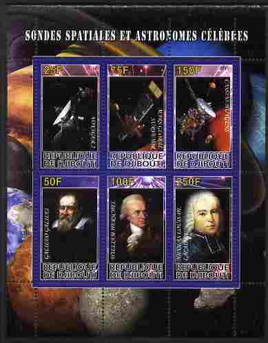Djibouti 2010 Space Probes & Astronomers perf sheetlet containing 6 values unmounted mint, stamps on , stamps on  stamps on personalities, stamps on  stamps on space, stamps on  stamps on astronomy, stamps on  stamps on astronomers, stamps on  stamps on science