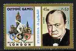 Fujeira 1972 Winston Churchill 45 Dh perf se-tenant with label (showing Houses of Parliament & Discus Thrower) from Olympics Games - People & Places set unmounted mint, M..., stamps on personalities, stamps on churchill, stamps on constitutions, stamps on  ww2 , stamps on masonry, stamps on masonics, stamps on london, stamps on olympics, stamps on discus, stamps on olympics