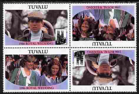 Tuvalu 1986 Royal Wedding (Andrew & Fergie) $1 perf tete-beche block of 4 (2 se-tenant pairs) with face value omitted unmounted mint SG 399-400var, stamps on royalty, stamps on andrew, stamps on fergie, stamps on 