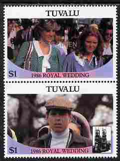 Tuvalu 1986 Royal Wedding (Andrew & Fergie) $1 se-tenant pair overprinted SPECIMEN in silver (Upright caps 17.5 x 2.5 mm) unmounted mint SG 399-400s from Printer's uncut proof sheet, stamps on , stamps on  stamps on royalty, stamps on  stamps on andrew, stamps on  stamps on fergie, stamps on  stamps on 