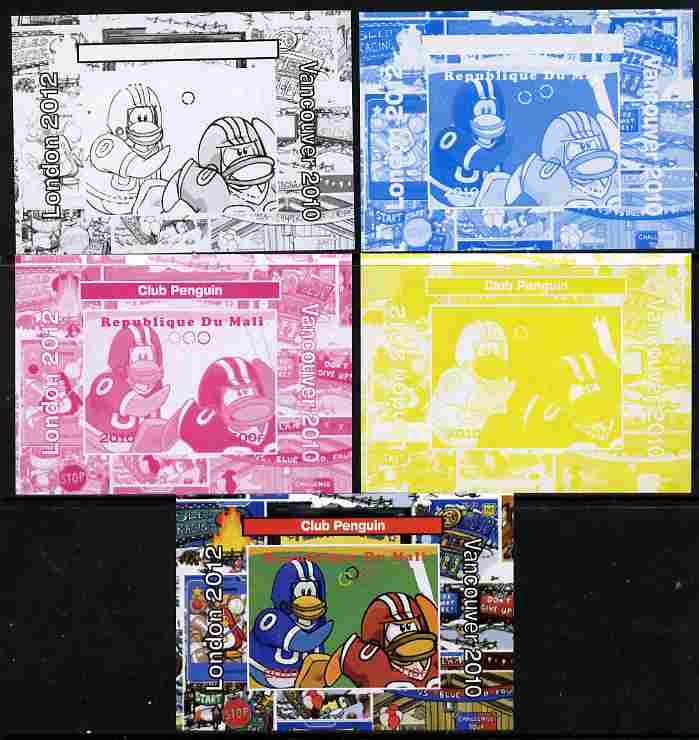 Mali 2010 Olympic Games - Disney Club Penguin #5 individual deluxe sheetlet - the set of 5 imperf progressive proofs comprising the 4 individual colours plus all 4-colour composite, unmounted mint , stamps on olympics, stamps on disney, stamps on films, stamps on cinema, stamps on cartoons, stamps on penguins, stamps on football, stamps on 