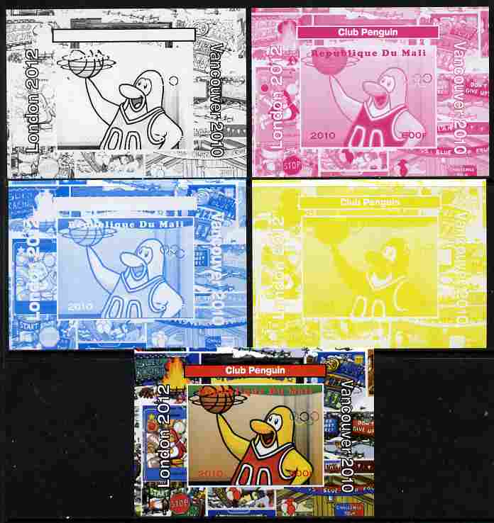 Mali 2010 Olympic Games - Disney Club Penguin #7 individual deluxe sheetlet - the set of 5 imperf progressive proofs comprising the 4 individual colours plus all 4-colour composite, unmounted mint , stamps on olympics, stamps on disney, stamps on films, stamps on cinema, stamps on cartoons, stamps on penguins, stamps on basketball, stamps on 