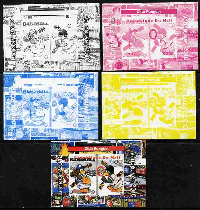 Mali 2010 Olympic Games - Disney Club Penguin #8 individual deluxe sheetlet - the set of 5 imperf progressive proofs comprising the 4 individual colours plus all 4-colour composite, unmounted mint , stamps on olympics, stamps on disney, stamps on films, stamps on cinema, stamps on cartoons, stamps on penguins, stamps on baseball, stamps on 