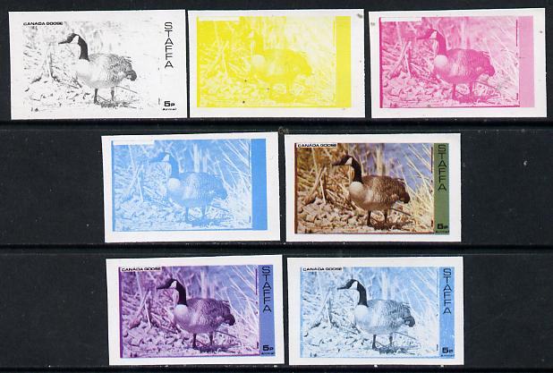 Staffa 1974 Water Birds #01 Canada Goose 5p set of 7 imperf progressive colour proofs comprising the 4 individual colours plus 2, 3 and all 4-colour composites unmounted mint, stamps on birds