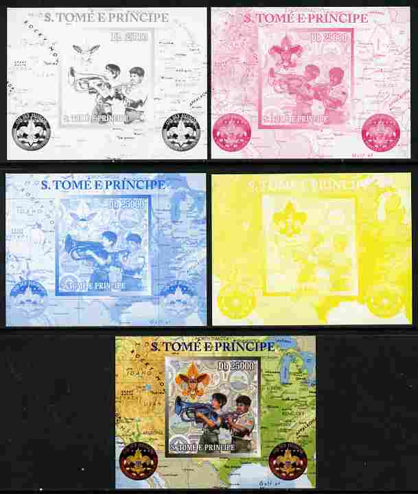 St Thomas & Prince Islands 2010 Centenary of Scouting in America #3 individual deluxe sheetlet - the set of 5 imperf progressive proofs comprising the 4 individual colours plus all 4-colour composite, unmounted mint , stamps on scouts, stamps on americana, stamps on maps, stamps on music