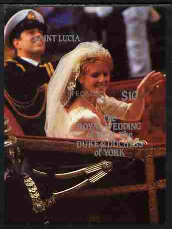 St Lucia 1986 Royal Wedding (Andrew & Fergie) $10 m/sheet imperf overprinted SPECIMEN unmounted mint, stamps on royalty, stamps on andrew, stamps on fergie