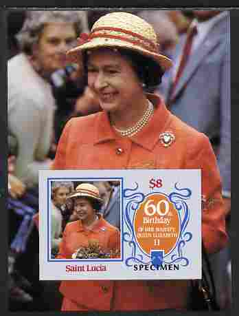 St Lucia 1986 Queens 60th Birthday $8 imperf m/sheet overprinted SPECIMEN unmounted mint as SG MS 880, stamps on royalty, stamps on 60th birthday