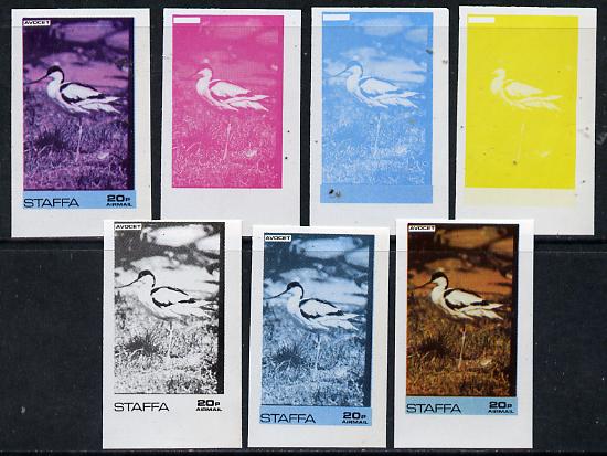 Staffa 1974 Water Birds #01 Avocet 20p set of 7 imperf progressive colour proofs comprising the 4 individual colours plus 2, 3 and all 4-colour composites unmounted mint, stamps on , stamps on  stamps on birds