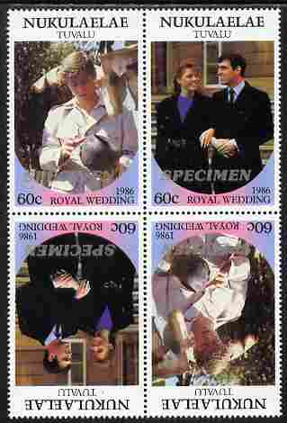 Tuvalu - Nukulaelae 1986 Royal Wedding (Andrew & Fergie) 60c perf tete-beche block of 4 (2 se-tenant pairs) overprinted SPECIMEN in silver (Italic caps 26.5 x 3 mm) unmounted mint from Printer's uncut proof sheet, stamps on royalty, stamps on andrew, stamps on fergie, stamps on 