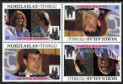 Tuvalu - Nukulaelae 1986 Royal Wedding (Andrew & Fergie) $1 perf tete-beche block of 4 (2 se-tenant pairs) overprinted SPECIMEN in silver (Italic caps 26.5 x 3 mm) unmounted mint from Printer's uncut proof sheet, stamps on royalty, stamps on andrew, stamps on fergie, stamps on 