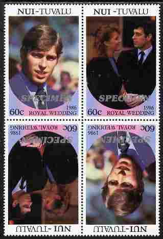 Tuvalu - Nui 1986 Royal Wedding (Andrew & Fergie) 60c perf tete-beche block of 4 (2 se-tenant pairs) overprinted SPECIMEN in silver (Italic caps 26.5 x 3 mm) unmounted mi..., stamps on royalty, stamps on andrew, stamps on fergie, stamps on 