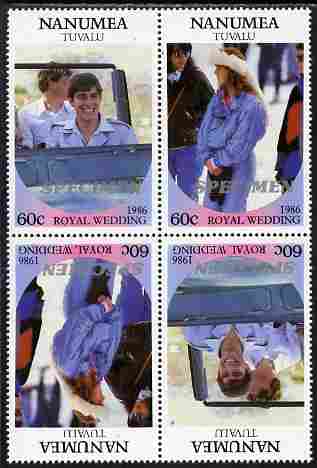 Tuvalu - Nanumea 1986 Royal Wedding (Andrew & Fergie) 60c perf tete-beche block of 4 (2 se-tenant pairs) overprinted SPECIMEN in silver (Italic caps 26.5 x 3 mm) unmounte..., stamps on royalty, stamps on andrew, stamps on fergie, stamps on 