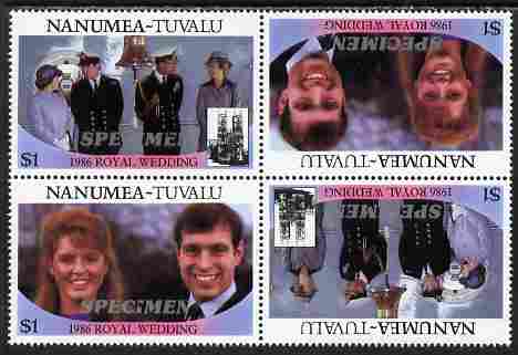 Tuvalu - Nanumea 1986 Royal Wedding (Andrew & Fergie) $1 perf tete-beche block of 4 (2 se-tenant pairs) overprinted SPECIMEN in silver (Italic caps 26.5 x 3 mm) unmounted mint from Printer's uncut proof sheet, stamps on royalty, stamps on andrew, stamps on fergie, stamps on 