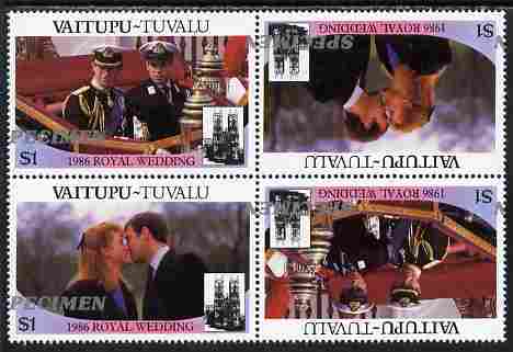 Tuvalu - Vaitupu 1986 Royal Wedding (Andrew & Fergie) $1 perf tete-beche block of 4 (2 se-tenant pairs) overprinted SPECIMEN in silver (Italic caps 26.5 x 3 mm) with overprint misplaced by 20 mm unmounted mint from Printer's uncut proof sheet, stamps on , stamps on  stamps on royalty, stamps on  stamps on andrew, stamps on  stamps on fergie, stamps on  stamps on 