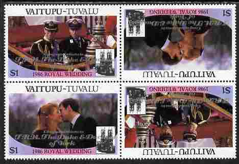 Tuvalu - Vaitupu 1986 Royal Wedding (Andrew & Fergie) $1 with 'Congratulations' opt in silver in unissued perf tete-beche block of 4 (2 se-tenant pairs) unmounted mint from Printer's uncut proof sheet, stamps on royalty, stamps on andrew, stamps on fergie, stamps on 