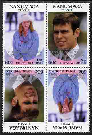 Tuvalu - Nanumaga 1986 Royal Wedding (Andrew & Fergie) 60c with Congratulations opt in silver in unissued perf tete-beche block of 4 (2 se-tenant pairs) unmounted mint fr..., stamps on royalty, stamps on andrew, stamps on fergie, stamps on 