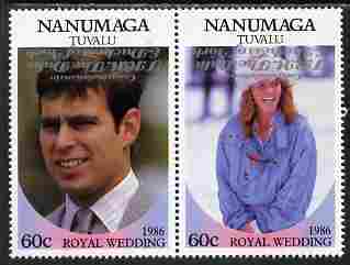 Tuvalu - Nanumaga 1986 Royal Wedding (Andrew & Fergie) 60c with 'Congratulations' opt in silver  se-tenant pair with overprint inverted unmounted mint from Printer's uncut proof sheet, stamps on royalty, stamps on andrew, stamps on fergie, stamps on 