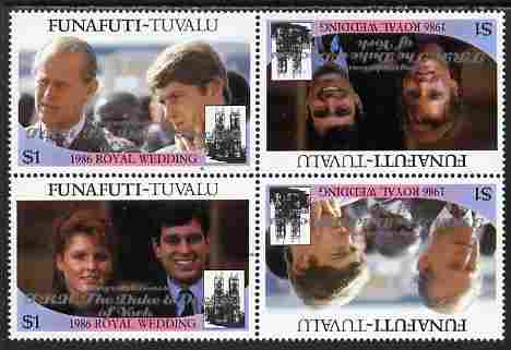 Tuvalu - Funafuti 1986 Royal Wedding (Andrew & Fergie) $1 with 'Congratulations' opt in silver in unissued perf tete-beche block of 4 (2 se-tenant pairs) unmounted mint from Printer's uncut proof sheet, stamps on royalty, stamps on andrew, stamps on fergie, stamps on 