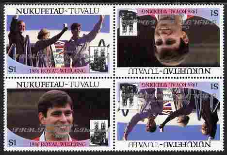 Tuvalu - Nukufetau 1986 Royal Wedding (Andrew & Fergie) $1 with Congratulations opt in silver in unissued perf tete-beche block of 4 (2 se-tenant pairs) unmounted mint fr..., stamps on royalty, stamps on andrew, stamps on fergie, stamps on 