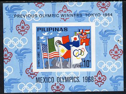 Philippines 1968  Mexico Olympic Games unissued 10c imperf m/sheet showing flags & Scout emblem unmounted mint, stamps on olympics       flags    scouts