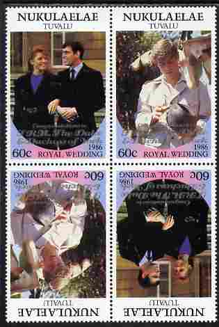 Tuvalu - Nukulaelae 1986 Royal Wedding (Andrew & Fergie) 60c with 'Congratulations' opt in silver in unissued perf tete-beche block of 4 (2 se-tenant pairs) unmounted mint from Printer's uncut proof sheet, stamps on royalty, stamps on andrew, stamps on fergie, stamps on 