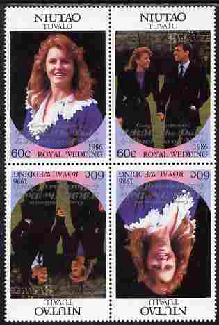 Tuvalu - Niutao 1986 Royal Wedding (Andrew & Fergie) 60c with 'Congratulations' opt in silver in unissued perf tete-beche block of 4 (2 se-tenant pairs) unmounted mint from Printer's uncut proof sheet, stamps on royalty, stamps on andrew, stamps on fergie, stamps on 
