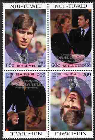 Tuvalu - Nui 1986 Royal Wedding (Andrew & Fergie) 60c with 'Congratulations' opt in silver in unissued perf tete-beche block of 4 (2 se-tenant pairs) unmounted mint from Printer's uncut proof sheet, stamps on , stamps on  stamps on royalty, stamps on  stamps on andrew, stamps on  stamps on fergie, stamps on  stamps on 
