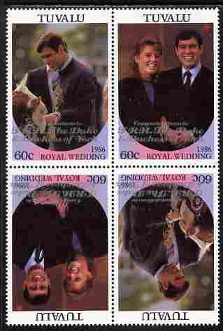 Tuvalu 1986 Royal Wedding (Andrew & Fergie) 60c with 'Congratulations' opt in silver in unissued perf tete-beche block of 4 (2 se-tenant pairs) unmounted mint from Printer's uncut proof sheet, stamps on royalty, stamps on andrew, stamps on fergie, stamps on 