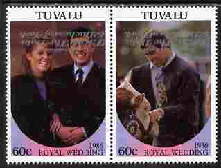 Tuvalu 1986 Royal Wedding (Andrew & Fergie) 60c with 'Congratulations' opt in silver se-tenant pair with overprint inverted unmounted mint from Printer's uncut proof sheet, stamps on royalty, stamps on andrew, stamps on fergie, stamps on 