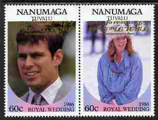 Tuvalu - Nanumaga 1986 Royal Wedding (Andrew & Fergie) 60c with 'Congratulations' opt in gold se-tenant pair with overprint inverted unmounted mint from Printer's uncut proof sheet, stamps on royalty, stamps on andrew, stamps on fergie, stamps on 