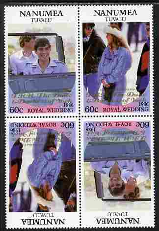 Tuvalu - Nanumea 1986 Royal Wedding (Andrew & Fergie) 60c with Congratulations opt in gold in unissued perf tete-beche block of 4 (2 se-tenant pairs) unmounted mint from ..., stamps on royalty, stamps on andrew, stamps on fergie, stamps on 