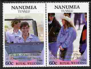 Tuvalu - Nanumea 1986 Royal Wedding (Andrew & Fergie) 60c with 'Congratulations' opt in gold se-tenant pair unmounted mint from Printer's uncut proof sheet, stamps on royalty, stamps on andrew, stamps on fergie, stamps on 