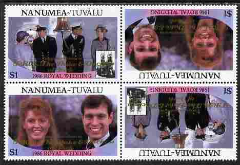 Tuvalu - Nanumea 1986 Royal Wedding (Andrew & Fergie) $1 with 'Congratulations' opt in gold in unissued perf tete-beche block of 4 (2 se-tenant pairs) unmounted mint from Printer's uncut proof sheet, stamps on royalty, stamps on andrew, stamps on fergie, stamps on 